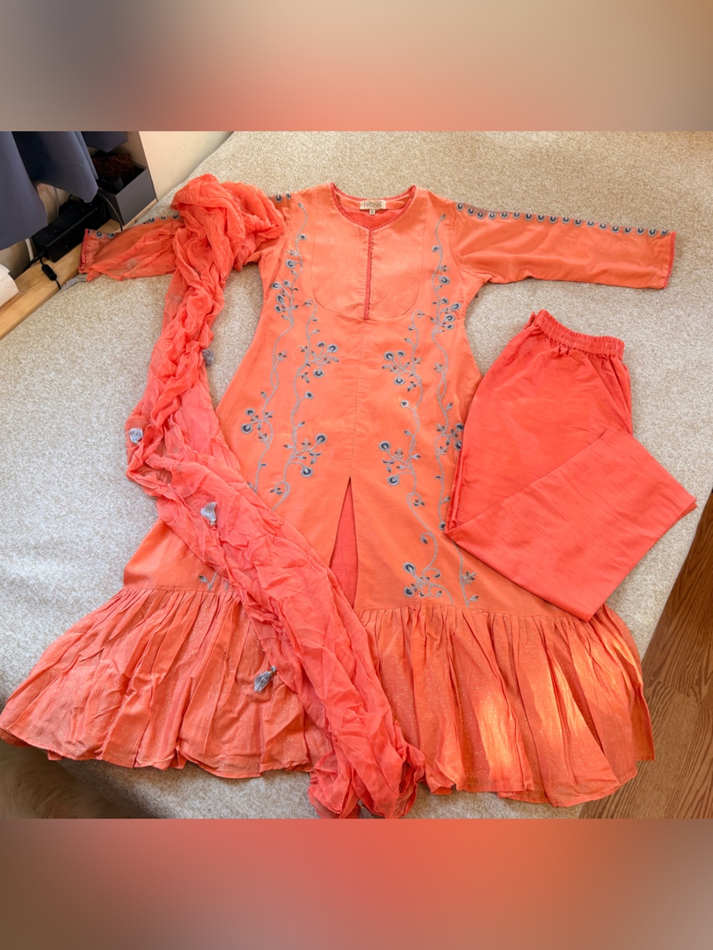 Coral Embroidered Salwar Kameez Set with Dupatta